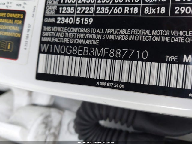 Продажа на аукционе авто 2021 Mercedes-benz Glc 300 4matic Suv, vin: W1N0G8EB3MF887710, номер лота: 44678908