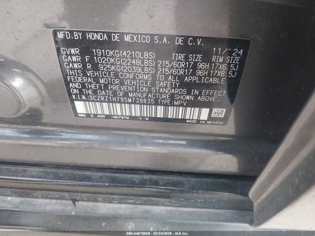 3CZRZ1H79SM739835 Honda Hr-v 2wd Ex-l