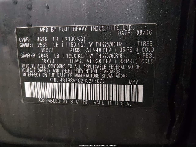 44678910 :رقم المزاد ، 4S4BSAKC2H3245677 vin ، 2017 Subaru Outback 2.5i Limited مزاد بيع