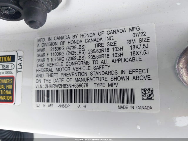 2HKRW2H83NH659678 Honda Cr-v Awd Ex-l