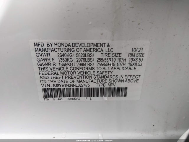 Aukcja sprzedaży 2022 Acura Mdx Standard, vin: 5J8YE1H34NL027475, numer aukcji: 44678938