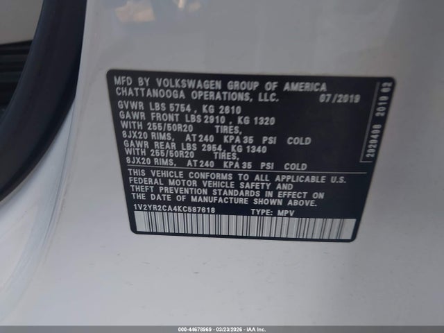 Продаж на аукціоні авто 2019 Volkswagen Atlas 3.6l V6 Se W/technology R-line, vin: 1V2YR2CA4KC587618, номер лоту: 44678969