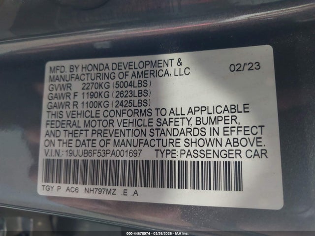 Aukcja sprzedaży 2023 Acura Tlx A-spec Package, vin: 19UUB6F53PA001697, numer aukcji: 44678974