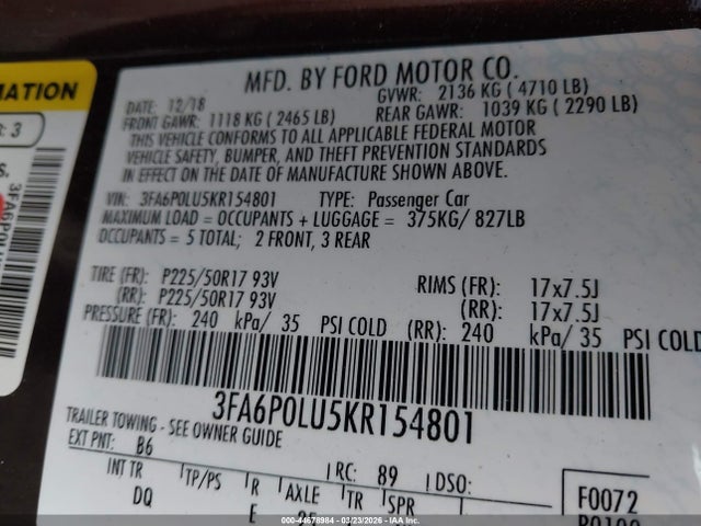 2019 FORD FUSION HYBRID 3FA6P0LU5KR154801 Photo 8