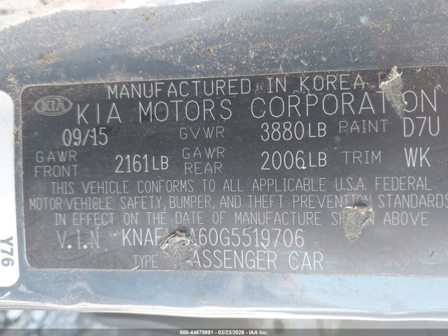 KNAFX4A60G5519706 KIA FORTE LX