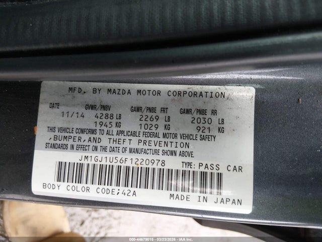 Aukcja sprzedaży 2015 Mazda Mazda6 I Sport, vin: JM1GJ1U56F1220978, numer aukcji: 44679015