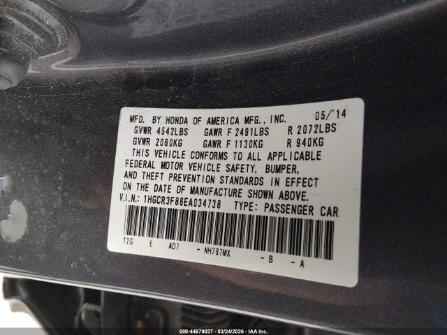 Продажа на аукционе авто 2014 Honda Accord Ex-l V-6, vin: 1HGCR3F86EA034738, номер лота: 44679027