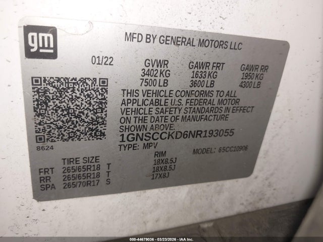 44679036 :رقم المزاد ، 1GNSCCKD6NR193055 vin ، 2022 Chevrolet Suburban 2wd Lt مزاد بيع