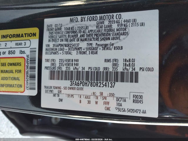 44679044 :رقم المزاد ، 3FA6P0H78DR254137 vin ، 2013 Ford Fusion Se مزاد بيع