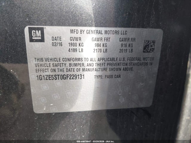 2016 Chevrolet Malibu 1lt მანქანა იყიდება აუქციონზე, vin: 1G1ZE5ST0GF229131, აუქციონის ნომერი: 44679047