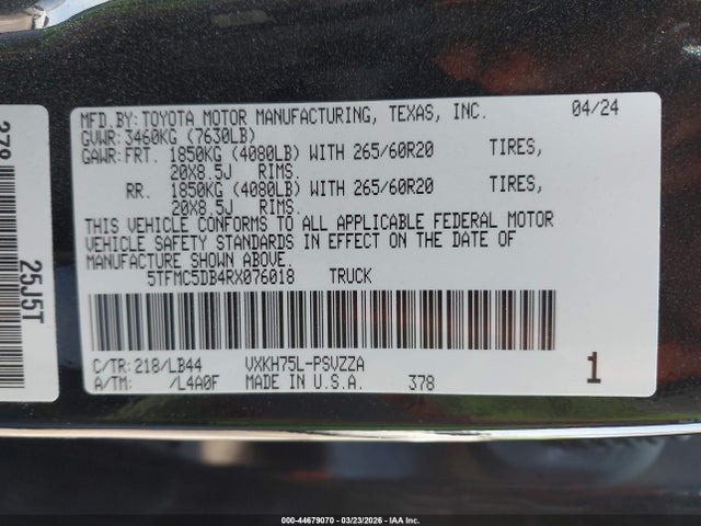 44679070 :رقم المزاد ، 5TFMC5DB4RX076018 vin ، 2024 Toyota Tundra Hybrid 1794 Edition 4wd مزاد بيع