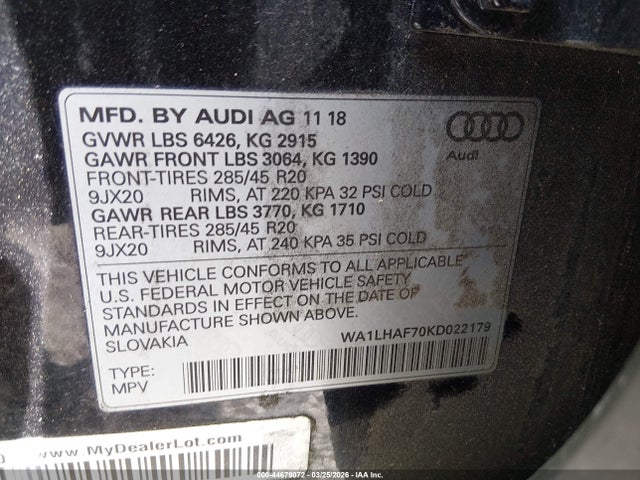 Продажа на аукционе авто 2019 Audi Q7 45 Premium, vin: WA1LHAF70KD022179, номер лота: 44679072