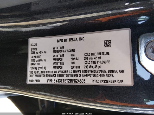 Продаж на аукціоні авто 2024 Tesla Model 3 Performance All-wheel Drive, vin: 5YJ3E1ET2RF824605, номер лоту: 44679076