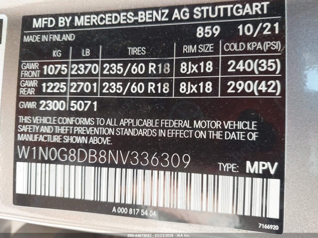 2022 Mercedes-benz Glc 300 Suv მანქანა იყიდება აუქციონზე, vin: W1N0G8DB8NV336309, აუქციონის ნომერი: 44679092