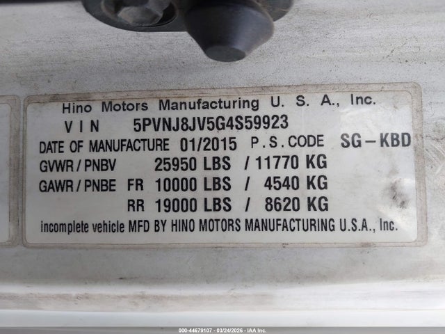 Продаж на аукціоні авто 2016 Hino 258/268, vin: 5PVNJ8JV5G4S59923, номер лоту: 44679107