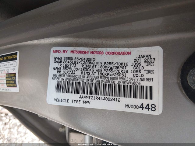2004 MITSUBISHI MONTERO SPORT JA4MT21R44J002412 Photo 8