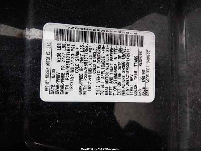 Aukcja sprzedaży 2009 Nissan Murano S, vin: JN8AZ18WX9W142914, numer aukcji: 44679111