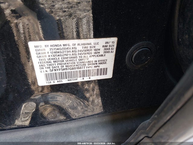 Aukcja sprzedaży 2016 Honda Pilot Touring, vin: 5FNYF5H97GB016077, numer aukcji: 44679136