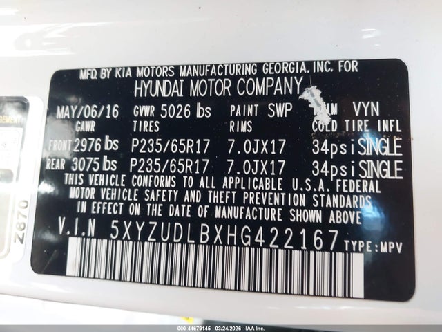 5XYZUDLBXHG422167 Hyundai Santa Fe Sport 2.4l