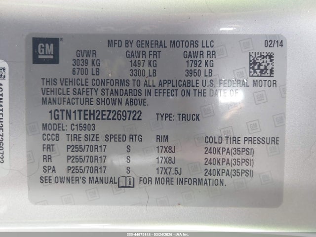 2014 Gmc Sierra 1500 მანქანა იყიდება აუქციონზე, vin: 1GTN1TEH2EZ269722, აუქციონის ნომერი: 44679148