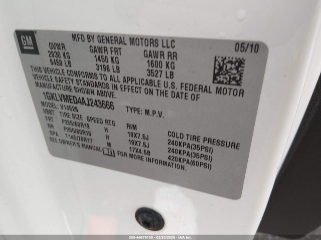 Aukcja sprzedaży 2010 Gmc Acadia Slt-1, vin: 1GKLVMED4AJ243666, numer aukcji: 44679180