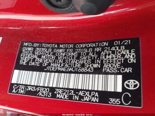 JTDEPMAE6MJ168843 Toyota COROLLA LE