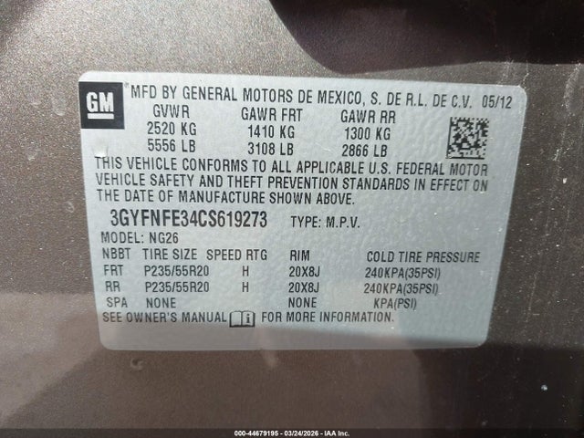 Aukcja sprzedaży 2012 Cadillac Srx Premium Collection, vin: 3GYFNFE34CS619273, numer aukcji: 44679195