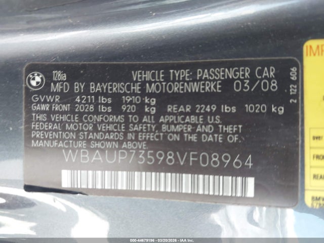 44679196 :رقم المزاد ، WBAUP73598VF08964 vin ، 2008 Bmw 128i مزاد بيع