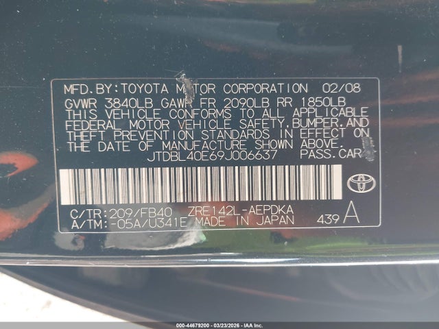 Aukcja sprzedaży 2009 Toyota Corolla Le, vin: JTDBL40E69J006637, numer aukcji: 44679200