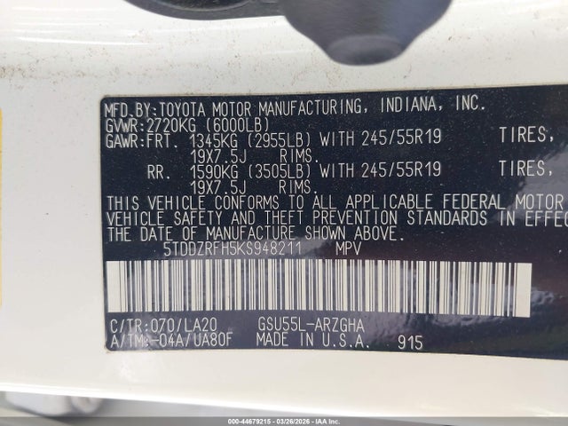 2019 Toyota Highlander Limited Platinum მანქანა იყიდება აუქციონზე, vin: 5TDDZRFH5KS948211, აუქციონის ნომერი: 44679215