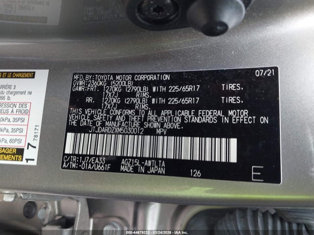 Продажа на аукционе авто 2021 Lexus Nx 300, vin: JTJDARDZXM5030012, номер лота: 44679232