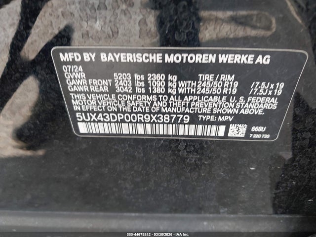 2024 Bmw X3 Sdrive30i მანქანა იყიდება აუქციონზე, vin: 5UX43DP00R9X38779, აუქციონის ნომერი: 44679242