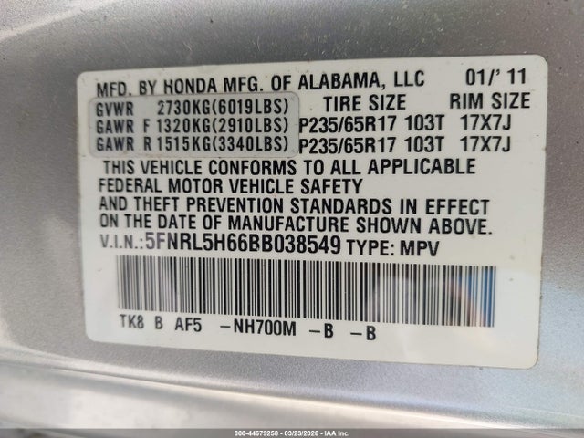 Продаж на аукціоні авто 2011 Honda Odyssey Ex-l, vin: 5FNRL5H66BB038549, номер лоту: 44679258