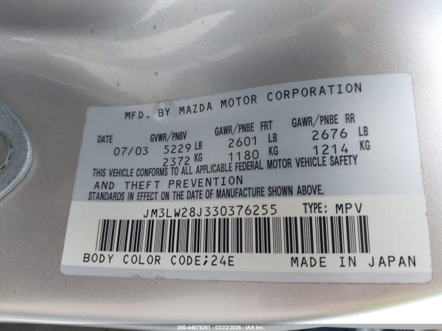 2003 Mazda Mpv Es/lx/lx-sv მანქანა იყიდება აუქციონზე, vin: JM3LW28J330376255, აუქციონის ნომერი: 44679261