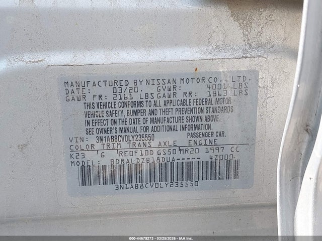 Aukcja sprzedaży 2020 Nissan Sentra Sv Xtronic Cvt, vin: 3N1AB8CV0LY235550, numer aukcji: 44679273