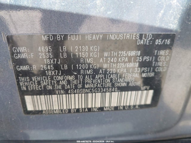2016 Subaru Outback 2.5i Limited მანქანა იყიდება აუქციონზე, vin: 4S4BSBNC5G3345840, აუქციონის ნომერი: 44679276