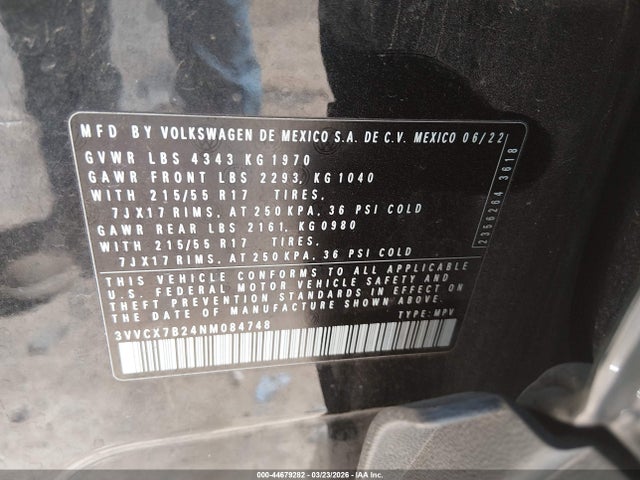 44679282 :رقم المزاد ، 3VVCX7B24NM084748 vin ، 2022 Volkswagen Taos 1.5t S مزاد بيع