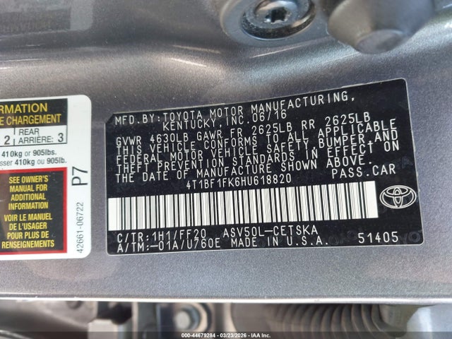 Продажа на аукционе авто 2017 Toyota Camry Se, vin: 4T1BF1FK6HU618820, номер лота: 44679284