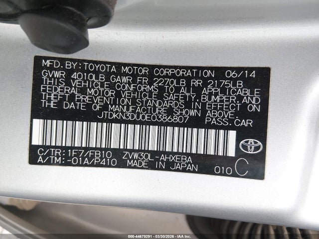 Aukcja sprzedaży 2014 Toyota Prius Three, vin: JTDKN3DU0E0386807, numer aukcji: 44679291