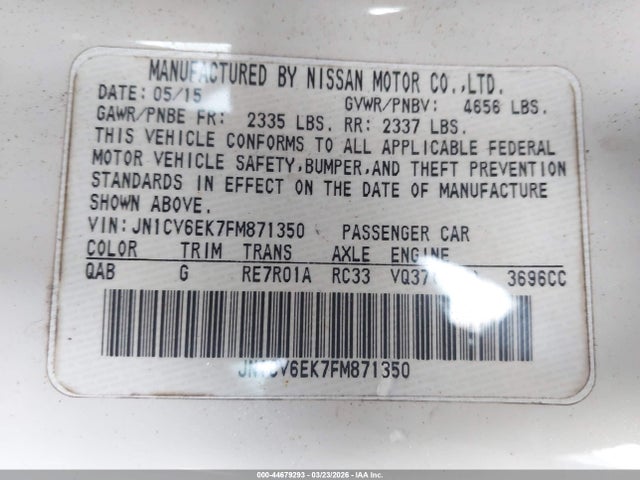 44679293 :رقم المزاد ، JN1CV6EK7FM871350 vin ، 2015 Infiniti Q60 Journey/s/s Limited مزاد بيع
