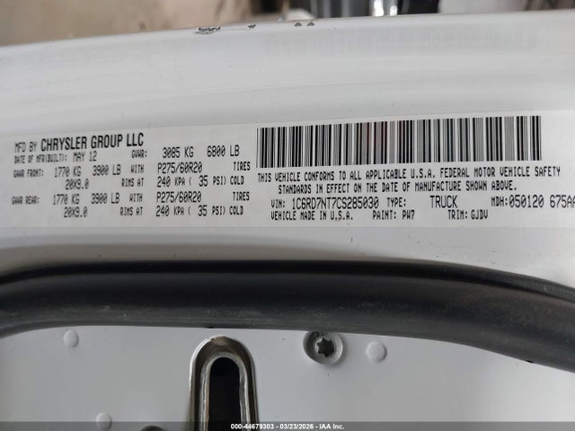 Aukcja sprzedaży 2012 Ram 1500 Laramie, vin: 1C6RD7NT7CS285030, numer aukcji: 44679303