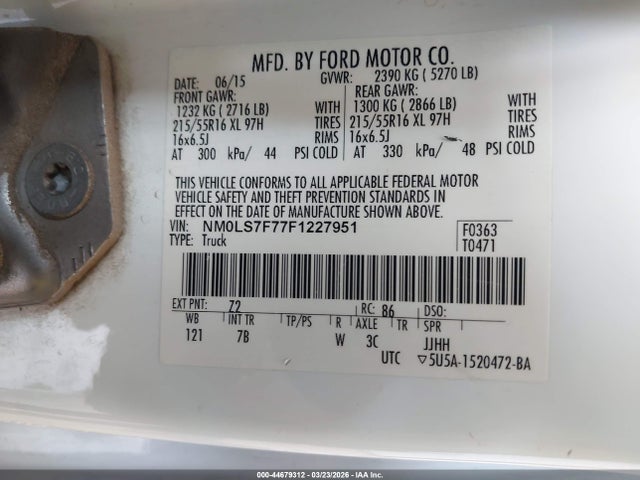 Aukcja sprzedaży 2015 Ford Transit Connect Xlt, vin: NM0LS7F77F1227951, numer aukcji: 44679312