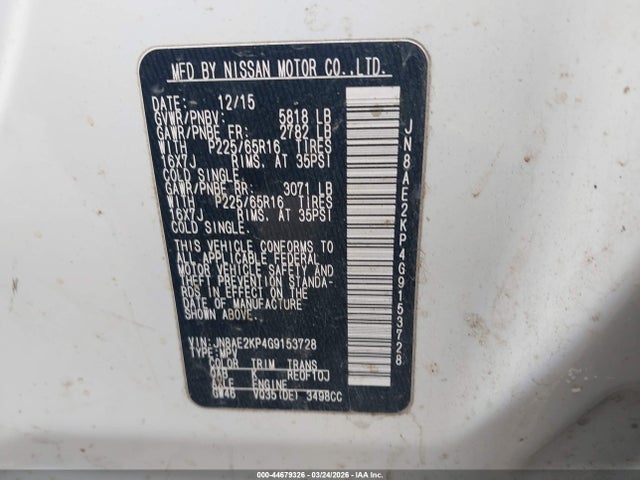 Aukcja sprzedaży 2016 Nissan Quest Platinum/s/sl/sv, vin: JN8AE2KP4G9153728, numer aukcji: 44679326