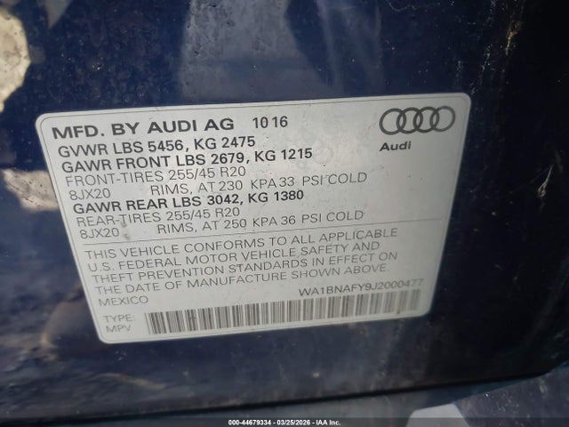 Aukcja sprzedaży 2018 Audi Q5, vin: WA1BNAFY9J2000477, numer aukcji: 44679334