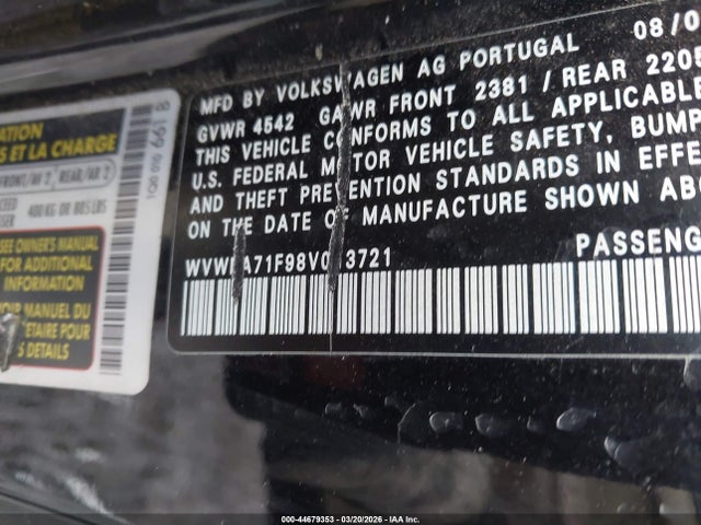 44679353 :رقم المزاد ، WVWFA71F98V013721 vin ، 2008 Volkswagen Eos Lux مزاد بيع