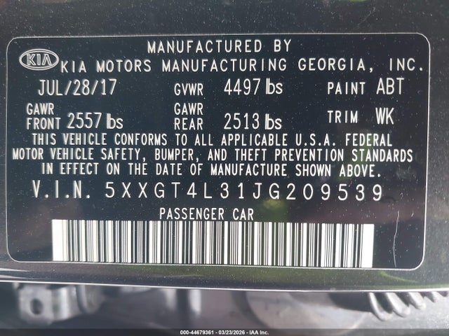 Aukcja sprzedaży 2018 Kia Optima S, vin: 5XXGT4L31JG209539, numer aukcji: 44679361