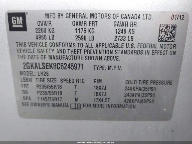 Aukcja sprzedaży 2012 Gmc Terrain Sle-2, vin: 2GKALSEK8C6245971, numer aukcji: 44679370