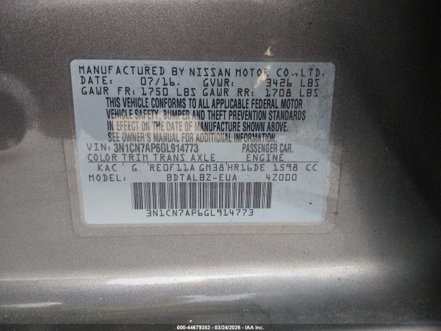 44679382 :رقم المزاد ، 3N1CN7AP6GL914773 vin ، 2016 Nissan Versa 1.6 Sv مزاد بيع