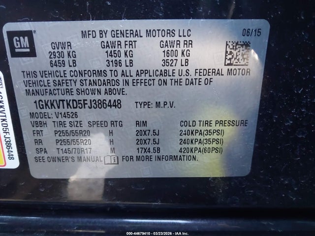 44679410 :رقم المزاد ، 1GKKVTKD5FJ386448 vin ، 2015 Gmc Acadia Denali مزاد بيع