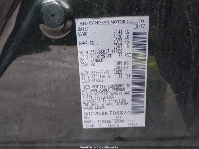 44679412 :رقم المزاد ، 5N1AT2MV8JC703824 vin ، 2018 Nissan Rogue Sv مزاد بيع